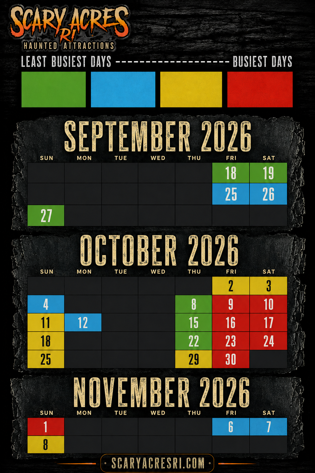 Scary Acres RI 2026 season calendar showing operating dates in September, October, and November color-coded by expected crowd level